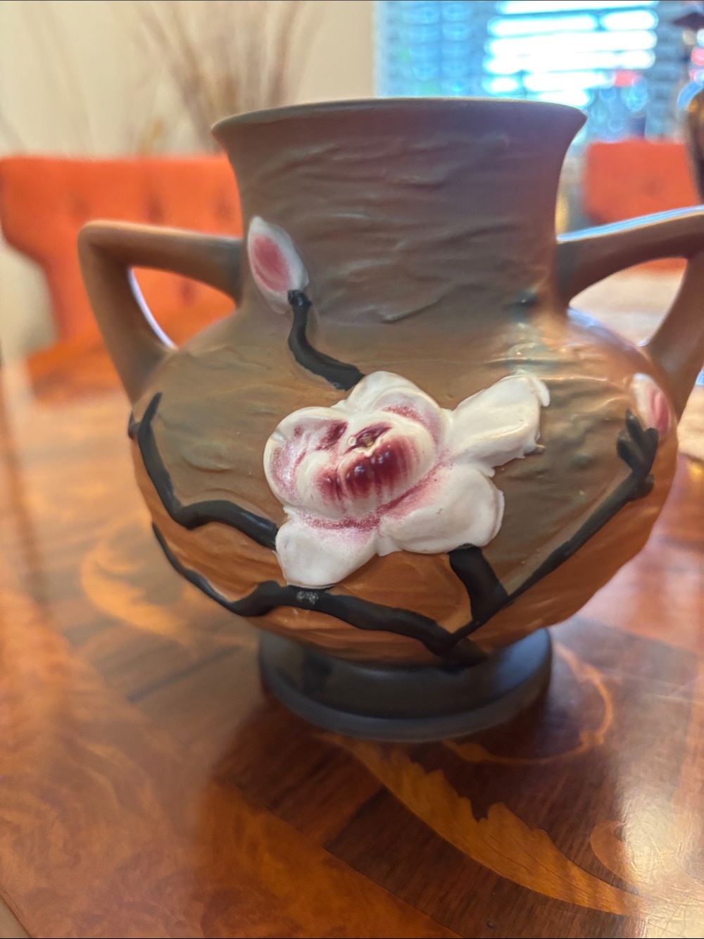 Hand-Painted Brown Ceramic Vase with Pink Floral Accents